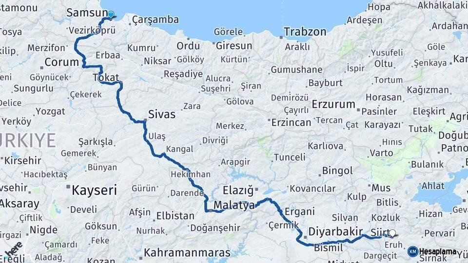 Samsun Siirt Arası Kaç Km - Yol Haritası