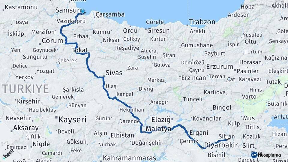 Samsun Silvan Diyarbakır Arası Kaç Km - Yol Haritası
