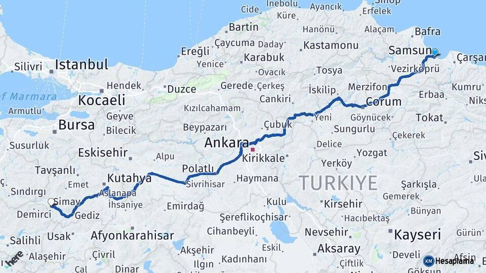 Samsun Simav Kütahya Arası Kaç Km - Yol Haritası