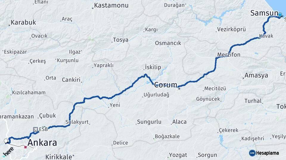 Samsun Sincan Ankara Arası Kaç Km - Yol Haritası