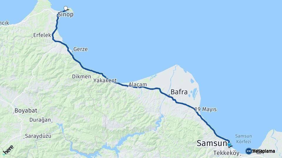 Samsun Sinop Arası Kaç Km - Yol Haritası