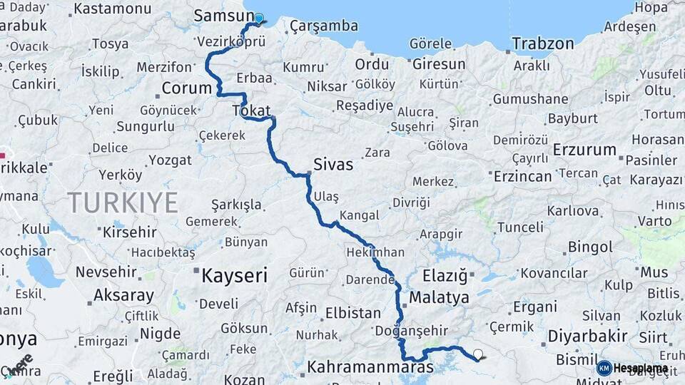 Samsun Siverek Şanlıurfa Arası Kaç Km - Yol Haritası