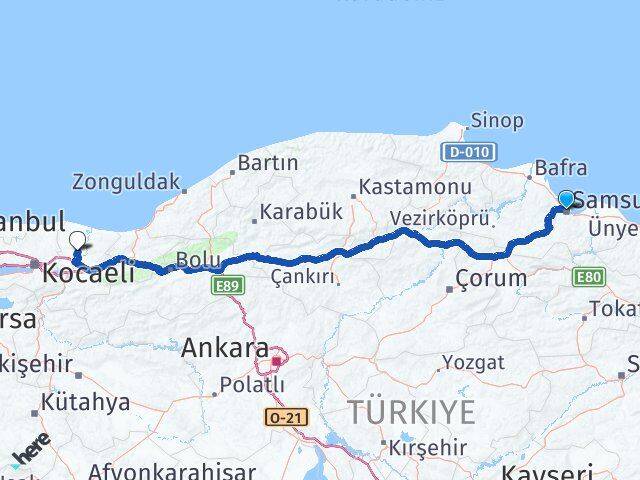 Samsun Söğütlü Sakarya Arası Kaç Km - Yol Haritası