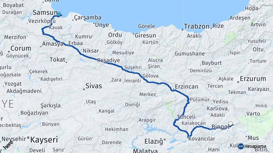 Samsun Solhan Bingöl Arası Kaç Km - Yol Haritası