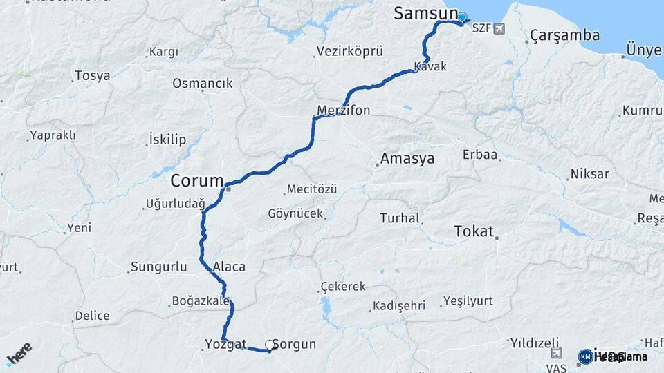 Samsun Sorgun Yozgat Arası Kaç Km - Yol Haritası