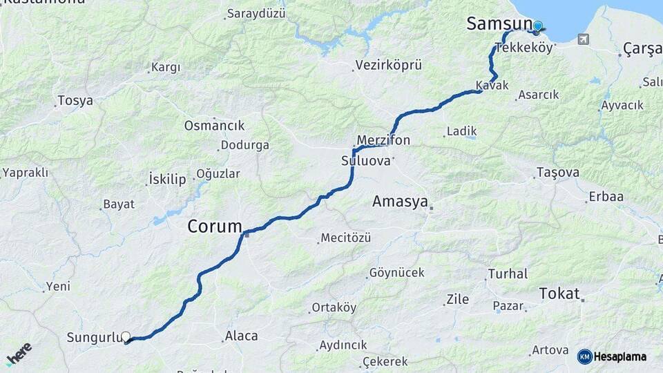 Samsun Sungurlu Çorum Arası Kaç Km - Yol Haritası
