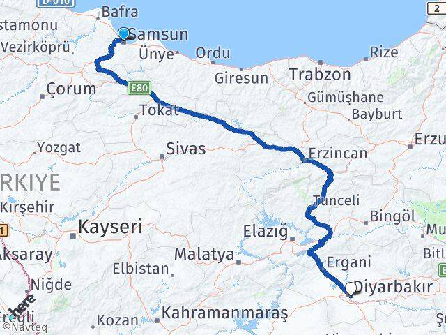 Samsun Sur Diyarbakır Arası Kaç Km - Yol Haritası