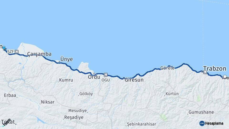 Samsun Sürmene Trabzon Arası Kaç Km - Yol Haritası