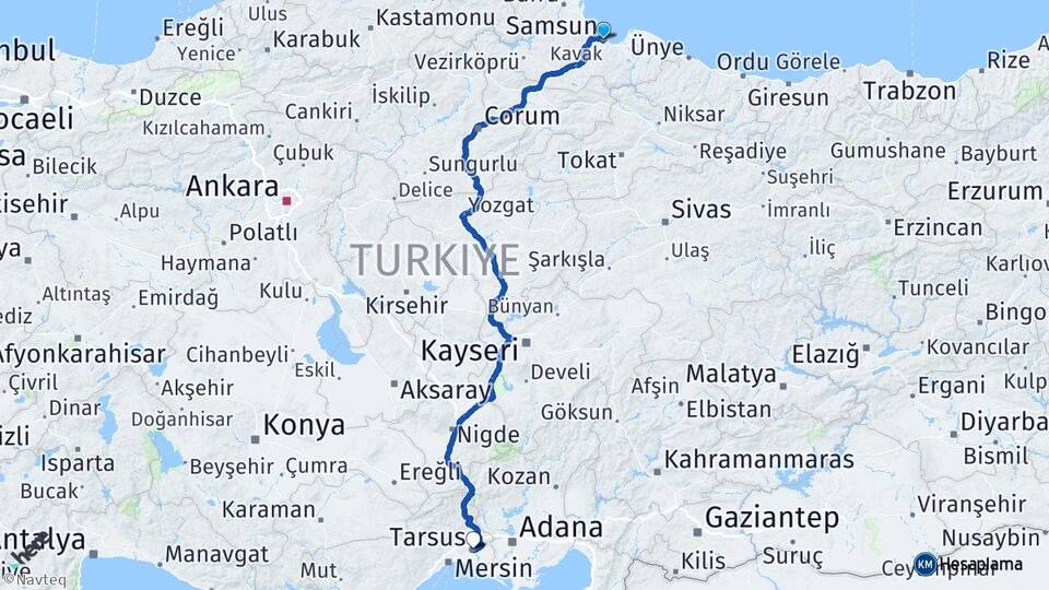 Samsun Tarsus Mersin Arası Kaç Km - Yol Haritası