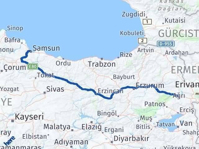 Samsun Taşlıçay Ağrı Arası Kaç Km - Yol Haritası
