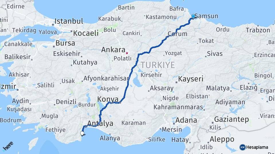 Samsun Tekirova Kemer Antalya Arası Kaç Km - Yol Haritası
