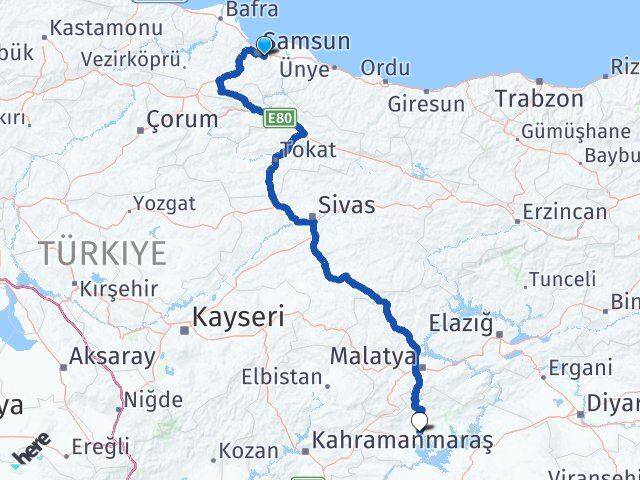 Samsun Tekkeköy Adıyaman Arası Kaç Km - Yol Haritası