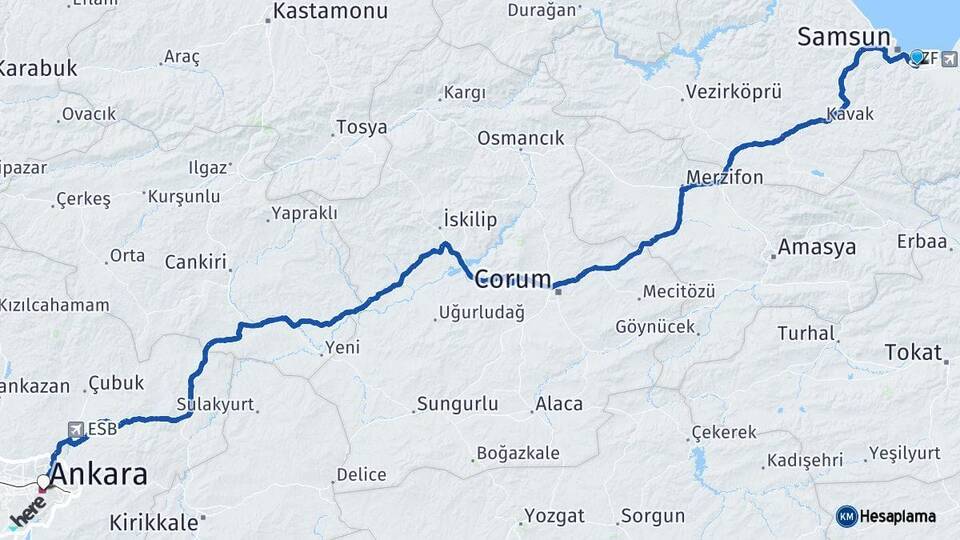 Samsun Tekkeköy Ankara Arası Kaç Km - Yol Haritası