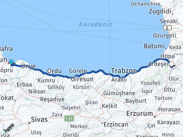 Samsun Tekkeköy Artvin Arası Kaç Km - Yol Haritası