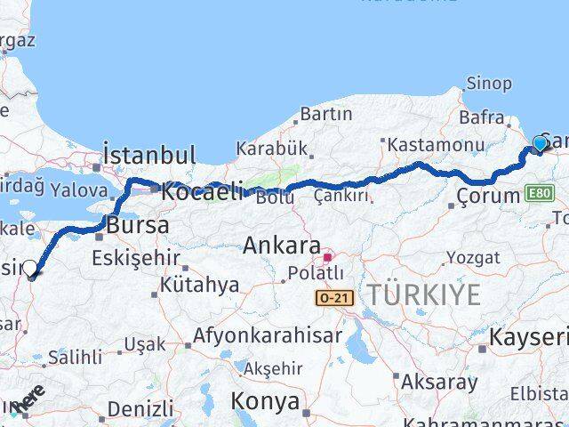Samsun Tekkeköy Balıkesir Arası Kaç Km - Yol Haritası