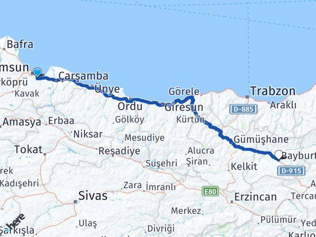 Samsun Tekkeköy Bayburt Arası Kaç Km - Yol Haritası