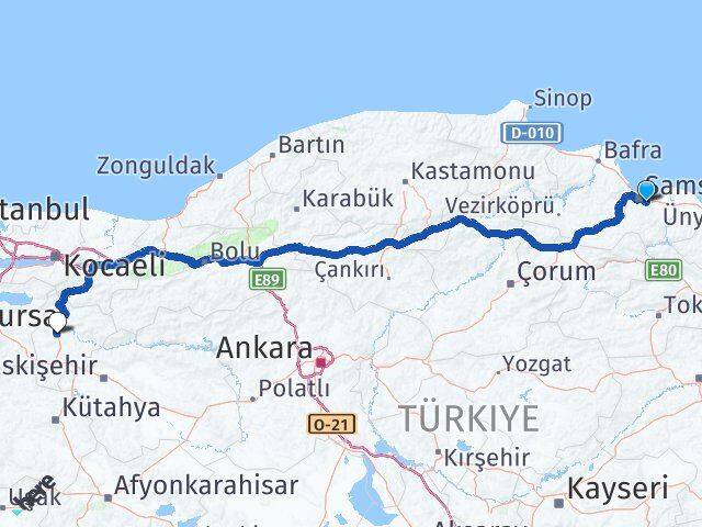 Samsun Tekkeköy Bilecik Arası Kaç Km - Yol Haritası