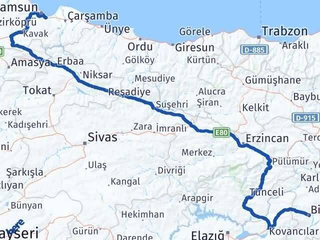 Samsun Tekkeköy Bingöl Arası Kaç Km - Yol Haritası