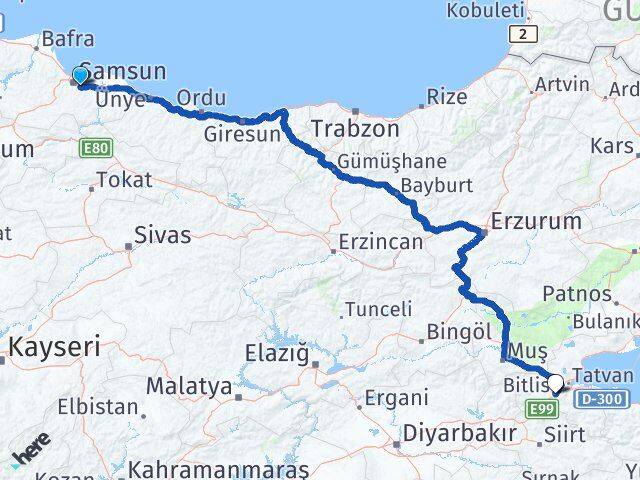 Samsun Tekkeköy Bitlis Arası Kaç Km - Yol Haritası