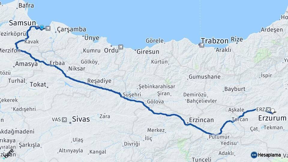 Samsun Tekkeköy Erzurum Arası Kaç Km - Yol Haritası