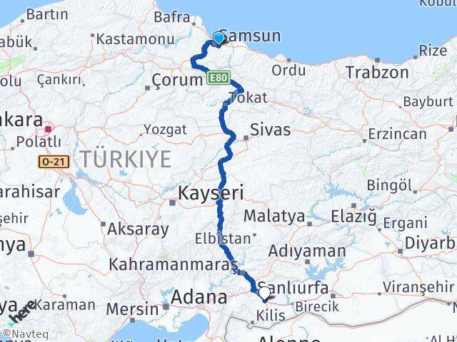 Samsun Tekkeköy Gaziantep Arası Kaç Km - Yol Haritası