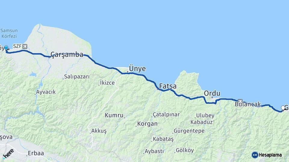 Samsun Tekkeköy Giresun Arası Kaç Km - Yol Haritası