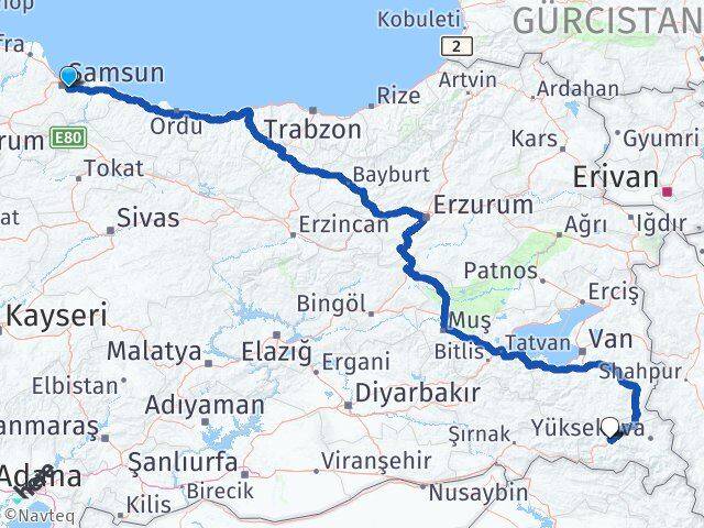 Samsun Tekkeköy Hakkari Arası Kaç Km - Yol Haritası