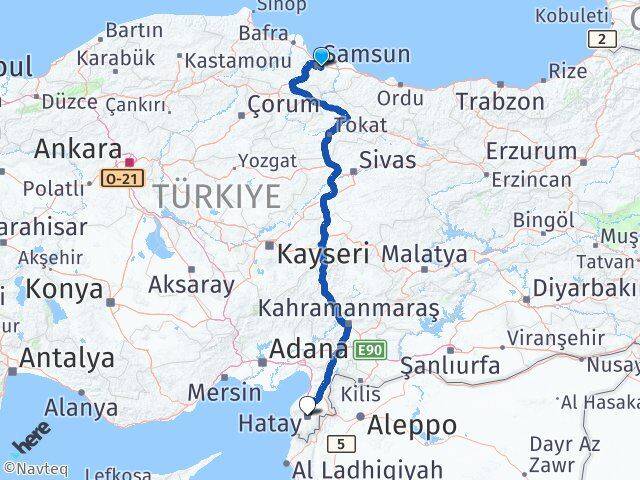 Samsun Tekkeköy Hatay Arası Kaç Km - Yol Haritası
