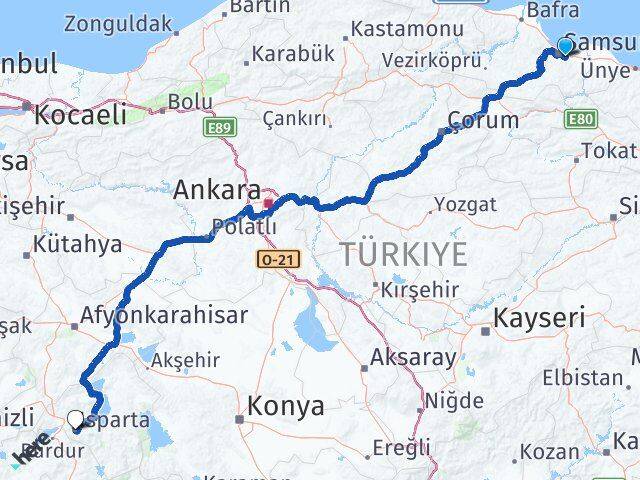 Samsun Tekkeköy Isparta Arası Kaç Km - Yol Haritası