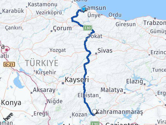 Samsun Tekkeköy Kahramanmaraş Arası Kaç Km - Yol Haritası