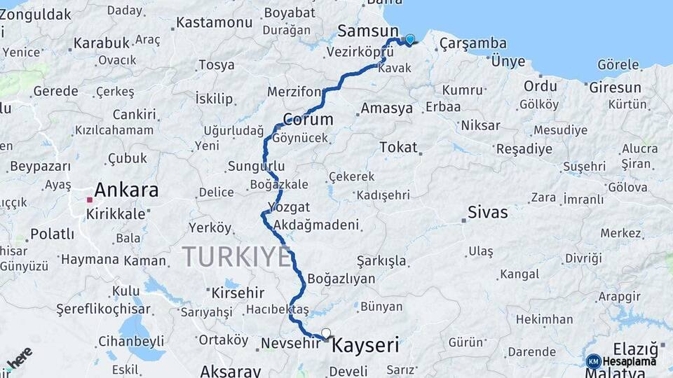 Samsun Tekkeköy Kayseri Arası Kaç Km - Yol Haritası
