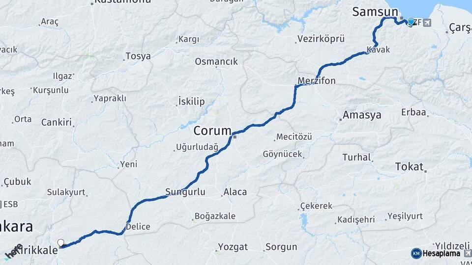 Samsun Tekkeköy Kırıkkale Arası Kaç Km - Yol Haritası