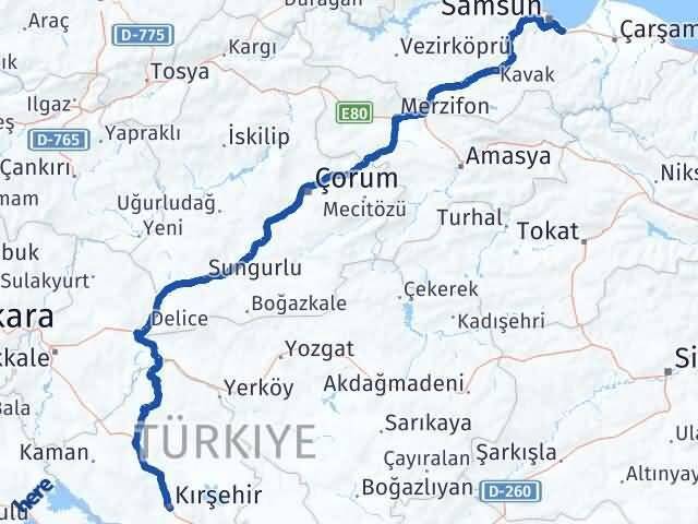 Samsun Tekkeköy Kırşehir Arası Kaç Km - Yol Haritası