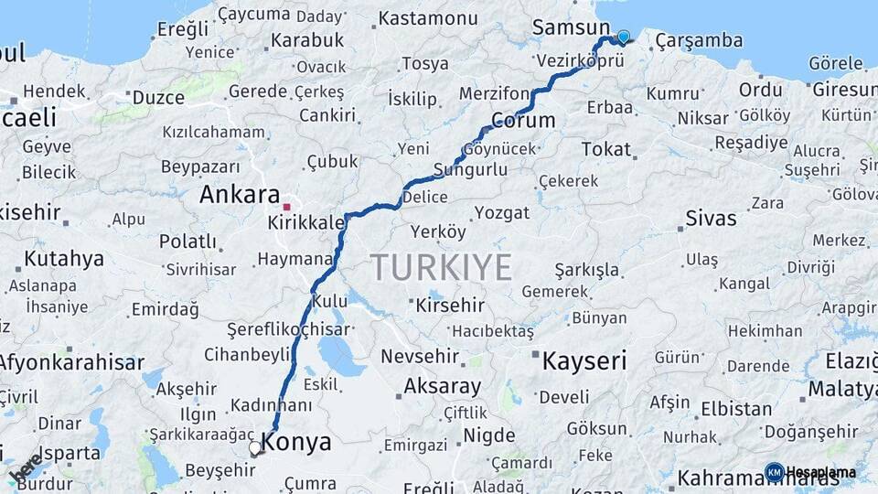 Samsun Tekkeköy Konya Arası Kaç Km - Yol Haritası