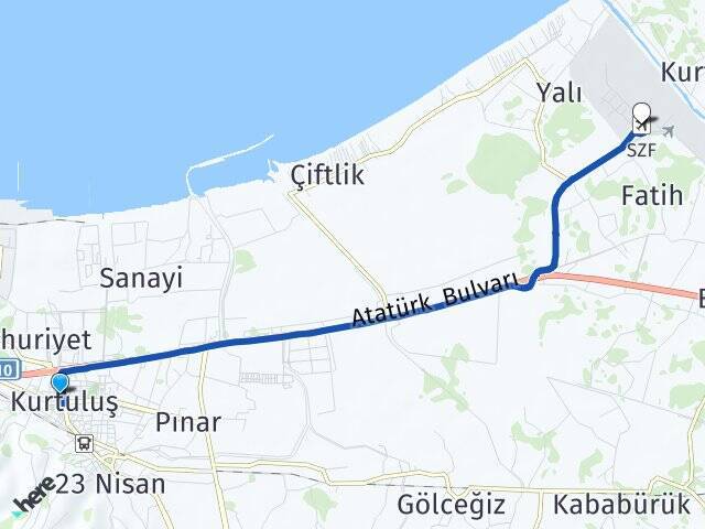 Kurtuluş Çarşamba Havalimanı Arası Kaç Km - Yol Tarifi