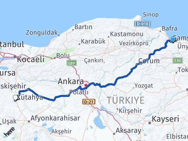 Samsun Tekkeköy Kütahya Arası Kaç Km - Yol Haritası
