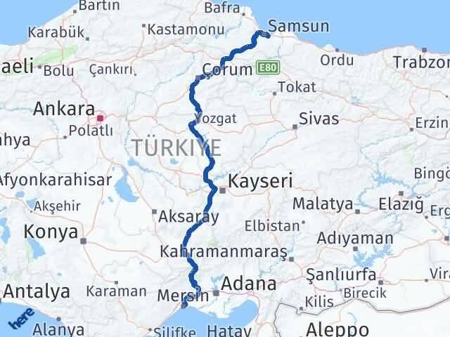 Samsun Tekkeköy Mersin Arası Kaç Km - Yol Haritası