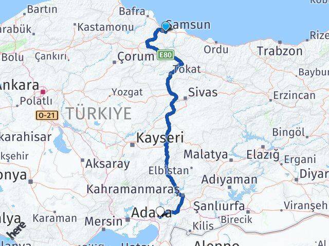 Samsun Tekkeköy Osmaniye Arası Kaç Km - Yol Haritası