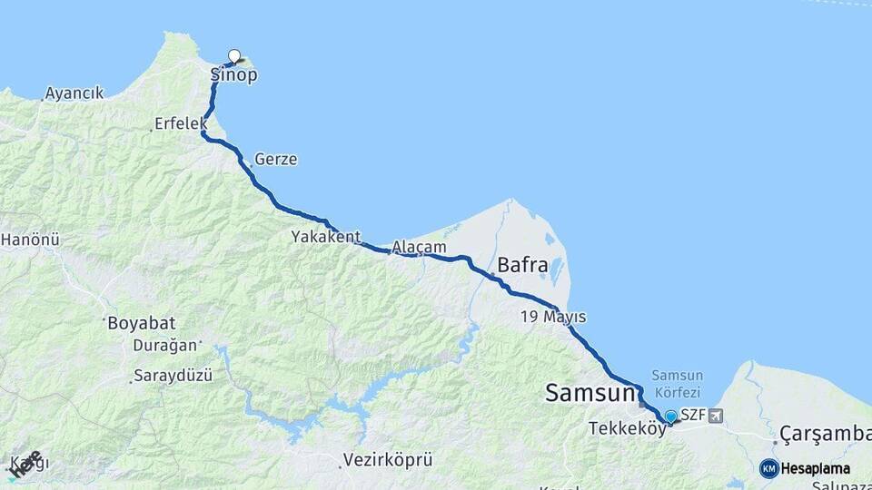 Samsun Tekkeköy Sinop Arası Kaç Km - Yol Haritası