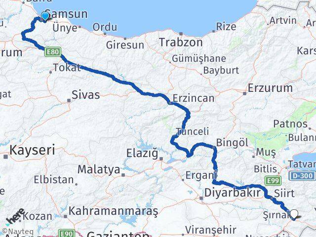 Samsun Tekkeköy Şırnak Arası Kaç Km - Yol Haritası