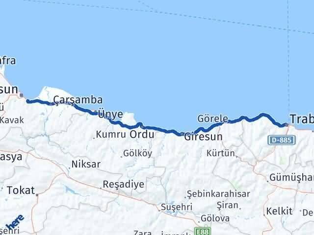 Samsun Tekkeköy Trabzon Arası Kaç Km - Yol Haritası