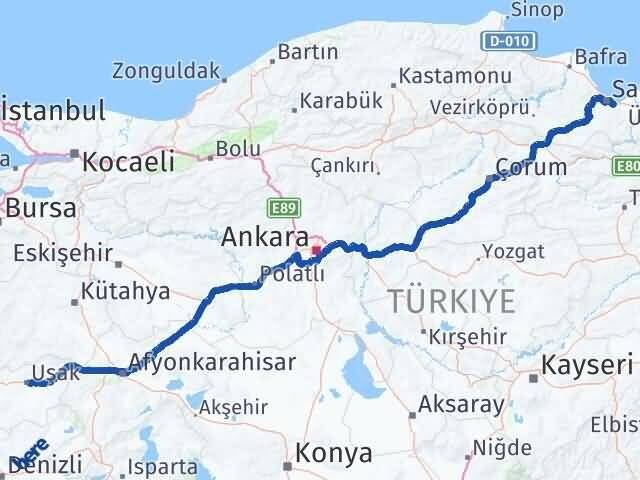 Samsun Tekkeköy Uşak Arası Kaç Km - Yol Haritası