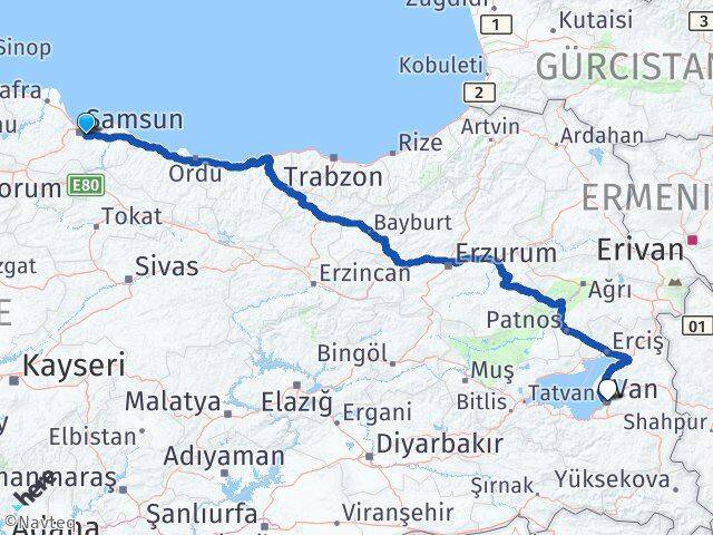 Samsun Tekkeköy Van Arası Kaç Km - Yol Haritası