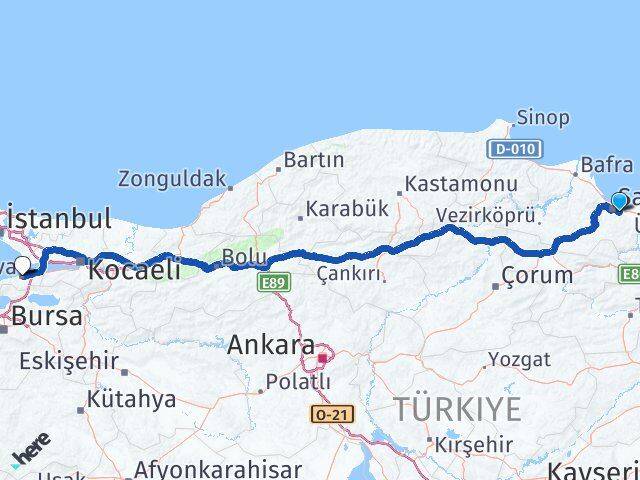 Samsun Tekkeköy Yalova Arası Kaç Km - Yol Haritası