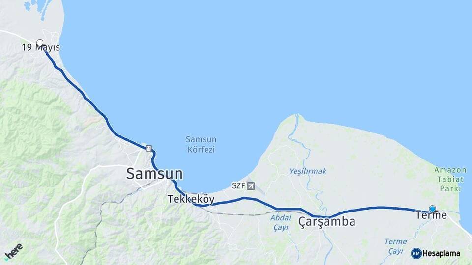 Samsun Terme 19 Mayıs Arası Kaç Km - Yol Haritası