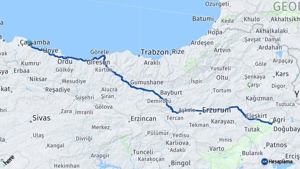 Samsun Terme Ağrı Arası Kaç Km - Yol Haritası