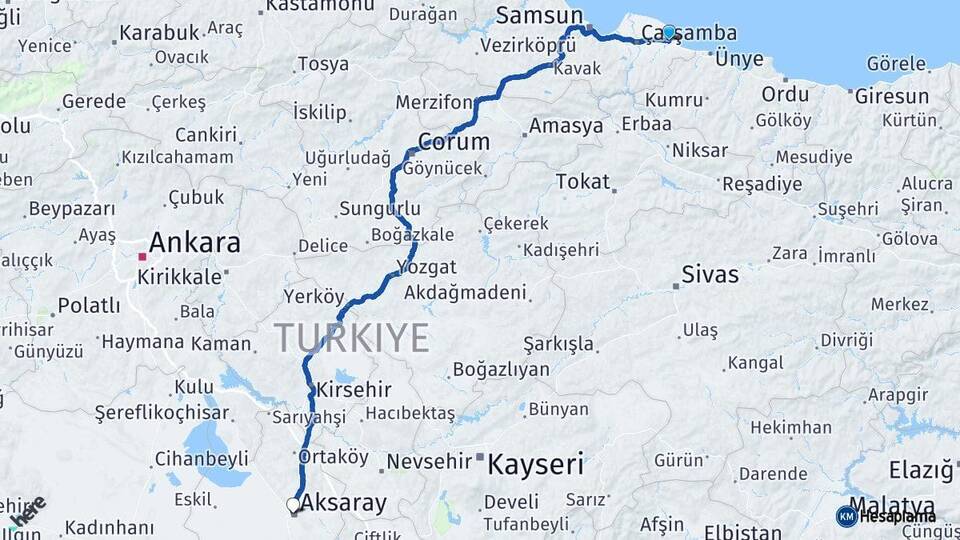 Samsun Terme Aksaray Arası Kaç Km - Yol Haritası