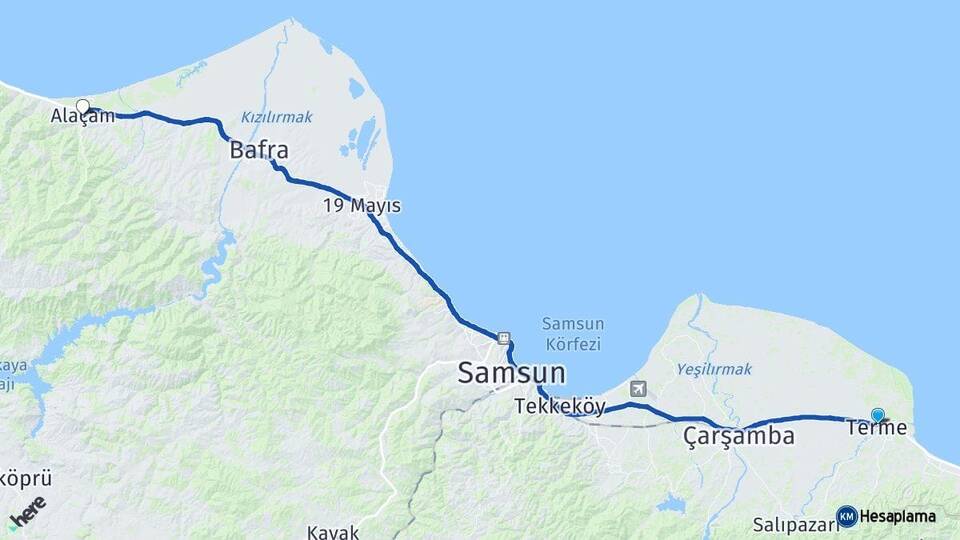 Samsun Terme Alaçam Arası Kaç Km - Yol Haritası