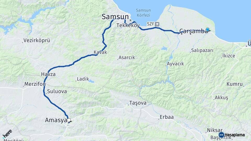 Samsun Terme Amasya Arası Kaç Km - Yol Haritası