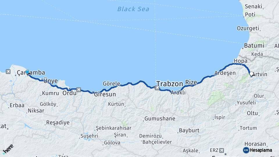 Samsun Terme Artvin Arası Kaç Km - Yol Haritası